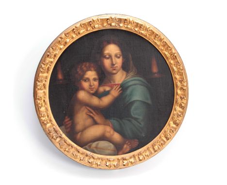 A LATE 19TH CENTURY OIL ON BOARD PRE RAPHAELITE STYLE PORTRAIT OF MADONNA AND CHILD mounted in a carved gilt leaf moulded fra