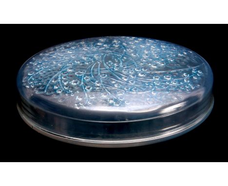 R. LALIQUE, FRANCE A 20TH CENTURY OPALESCENT AND BLUE STAINED MUGUETS BOX decorated with flower heads 26cm diameter - impress