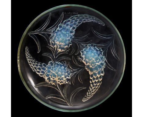 R LALIQUE FRANCE  AN EARLY 20TH CENTURY RELIEF MOULDED OPALESCENT SHALLOW BOWL 'VERONIQUE' with flower spray decoration to th