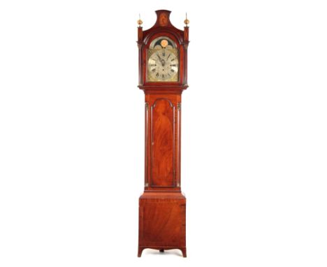 JOHN HALLIFAX, LONDON. A QUARTER CHIMING FIGURED MAHOGANY LONGCASE CLOCK the case with pagoda hood on slim trunk with moulded