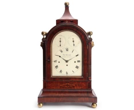 THOMAS NELSON, MARKET DEEPING A FINE REGENCY FIGURED MAHOGANY MUSICAL BRACKET CLOCK having a large arched case with a pagoda 