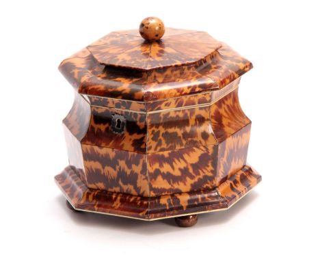 A LARGE EARLY 19TH CENTURY PAGODA SHAPED TORTOISESHELL OCTAGONAL TEA CADDY with silver wire edges and hinged lid revealing tw