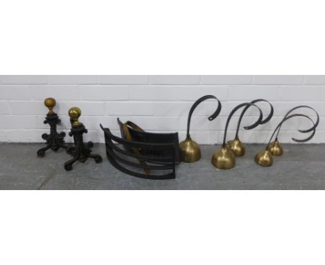 Four servants bells, iron fire dogs and a fire grate (7) 