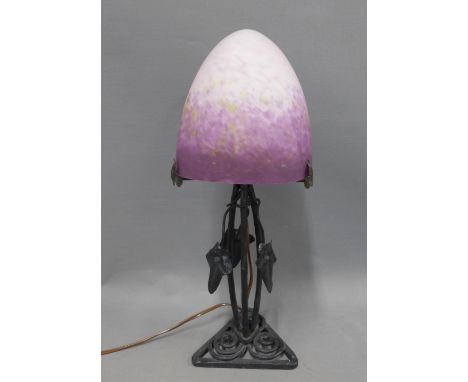 Wrought iron table lamp base with Le Verre Francais domed glass shade, with etched marks, height overall 41cm 