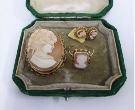 9ct gold Cameo brooch and 9ct gold earrings with a Cameo ring on a yellow metal band - a/f (3) 