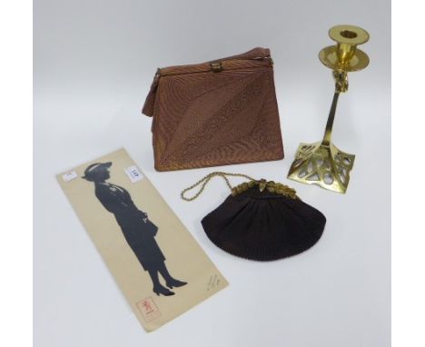 Art Nouveau style brass candlestick, two vintage evening bags and an Empire Exhibition silhouette by Baron 1938 (4) 