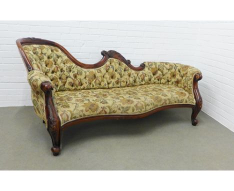 Mahogany framed three seater settee, carved top rail and button back padded back, upholstered in floral fabric,  87 x 198 x 5