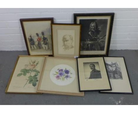 Carton with miscellaneous prints, etc, a loo include a head and shoulders portrait print of a gentleman, framed under glass, 