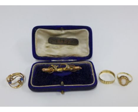 Edwardian 9ct gold and seed pearl bar brooch and a silver 'Baby' brooch, 9ct gold gemset rings, 9 ct gold wedding band and a 