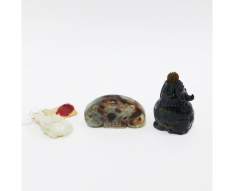 Carved jadeite gourd and another of architectural form and a hardstone snuff bottle and stopper, 6cm 