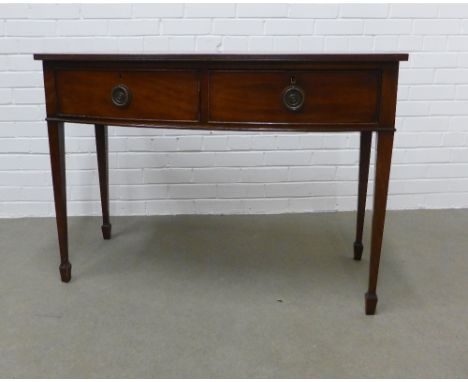 Mahogany bow front side table with two short drawers, tapering legs and spade feet,  78 x 110 x 51 