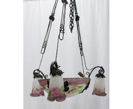 Muller Fres, Luneville coloured glass light fitting with central plaffonier and three arms with matching glass shades, etched