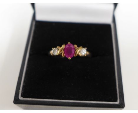 9ct gold ruby and diamond trilogy ring, size N1/2 