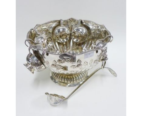 Silver plate Monteith punch bowl with an Epns ladle and set of nine cups, plus two lacking handles , bowl 33 x 20cm 