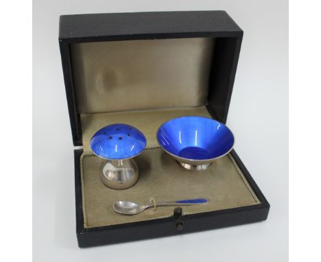 Ela Denmark Sterling silver and blue enamel cruet set, in a fitted case (3) 