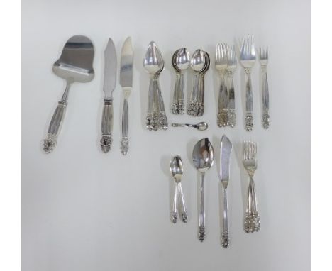 Georg Jensen, Denmark, part suite of acorn pattern sterling silver flatware comprising six grapefruit or egg spoons, ten teas
