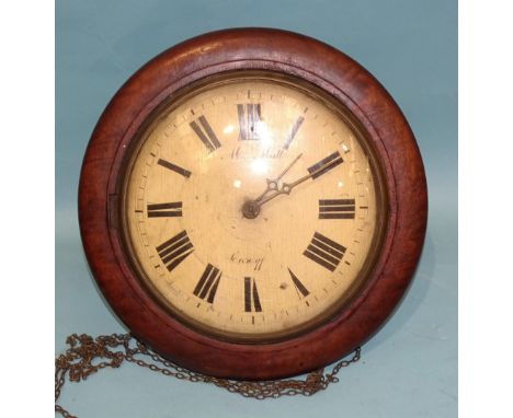A circular wall clock with walnut frame, painted dial signed M. Matt, Cardiff, with simple chain-driven bell-striking movemen