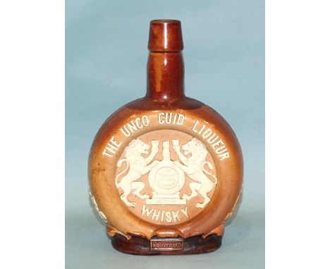 A Doulton Lambeth stoneware whisky flask 'The Unco Guid Liqueur Scotch Whisky', the shoulders with inscription Glasgow Bond N