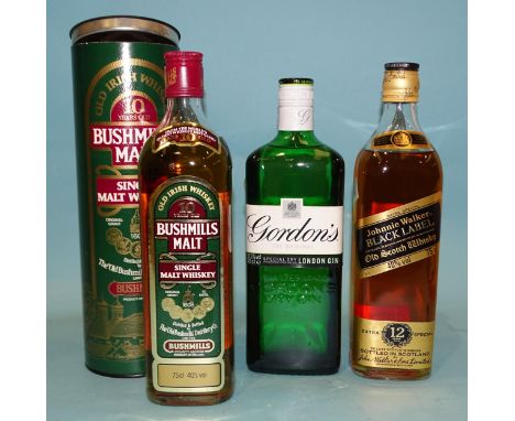 Bushmills, 10-year-old single malt, 75cl, 40% vol, one bottle, in sleeve, also Johnnie Walker Black Label, 75cl, 40% vol, 12-