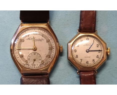 A Thomas Russell &amp; Son 9ct-gold-cased wrist watch and another by Zenith, both with leather straps, (both running, but tim