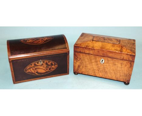 A Georgian mahogany domed tea caddy inlaid with shells and stringing, 19cm wide, 13cm high, (interior fitments lacking) and a