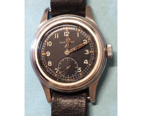 Longines, a gentleman's steel-cased WWII military wrist watch c1945, one of "The Dirty Dozen", manual-wind with black face, s