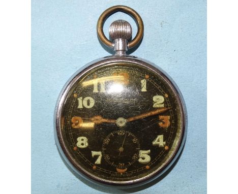 A Jaeger-LeCoultre military keyless pocket watch, the black dial with Arabic numerals and seconds subsidiary, in white metal 