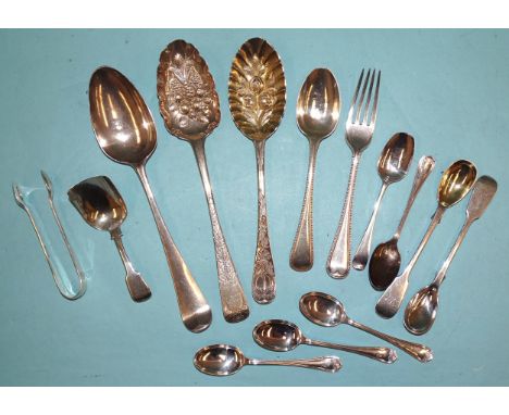 A Georgian silver caddy spoon, two engraved berry spoons and other small flatware, 323g, ___10oz. 