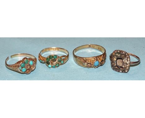Two Victorian 15ct gold rings set turquoise, (discoloured, some settings vacant), 4.9g, a gold ring, (tests as 18ct gold), se