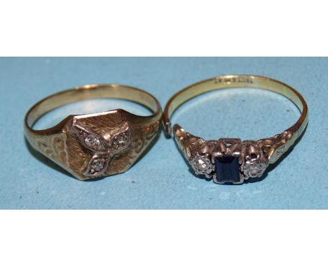 A small 9ct gold ring set three 8/8-cut diamonds in a leaf motif, size Q, 2g and an 18ct gold sapphire and diamond ring, (sha
