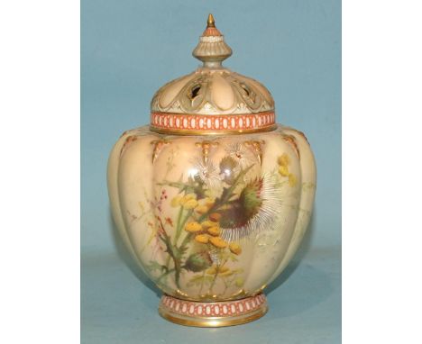 A Royal Worcester melon-shaped blush pot pourri vase in the thistle and wild flowers design, shape no. 1312, puce factory mar