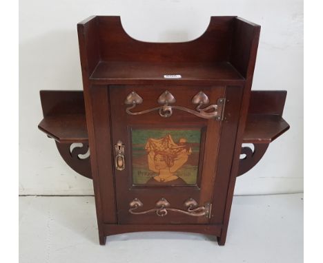  Arts and Crafts mahogany Wall Cabinet with copper mounts, hand painted panel – portrait of “Prince Iseult”, 70 x 65cm, 1 she