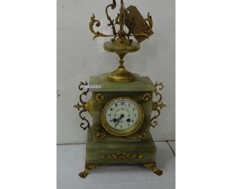Green Marble/Alabaster ornate Mantel Clock with enamel face with scrolled metal finials, on paw shaped front feet, 49cm h x 2