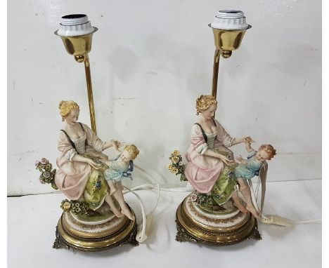  2 sets of Table Lamps, including pair of Italian ceramic, mother with child and pair of Romanesque, leaded glass shades (4) 