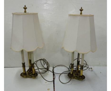  Matching Pair of brass 3 light table lamps in the form of candles with matching shades, 30" high, re-wired (3-way switches) 