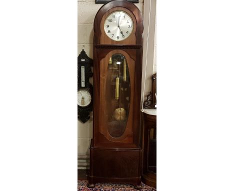  Early 20th century mahogany longcase clock with oval bevelled glass door, the circular silvered dial with Arabic numerals, t