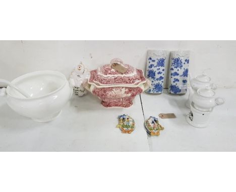  2 Pairs of Wall Vases – one Quimper, one blue/white, 2 x small teapots, Mason tureen etc (shelf) 