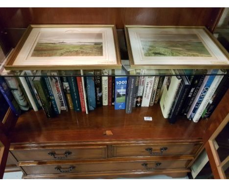 2 shelves of golfing interest books, 2 golfing prints &amp; a shelf of Irish sporting interest – GAA etc 