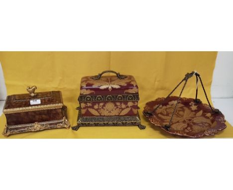 Reproduction ceramic &amp; gilt Casket, similar Tazza and composition Casket (3)