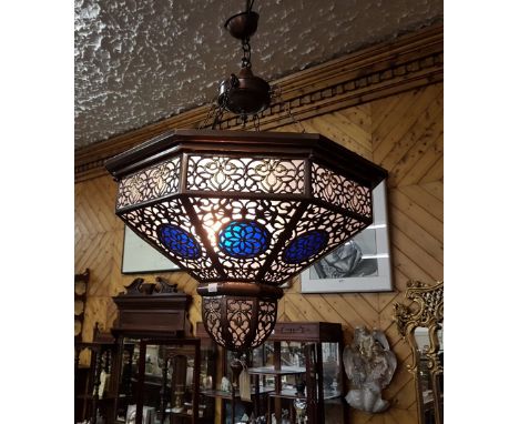  Large Copper anodised and gilt metal Oriental style Ceiling Light, stepped octagonal shape, 85cm w, drop of 1.3m 