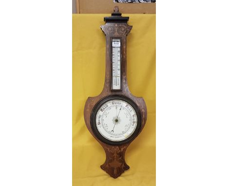  Edwardian inlaid rosewood Banjo Barometer, of shield shape with thermometer and ceramic dial, 85cm h 