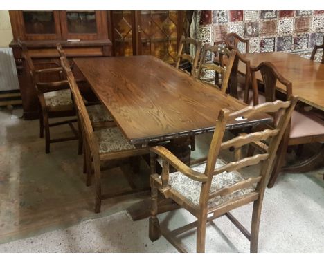  Reproduction oak refectory style Dining Table (made by Webber, UK) raised on carved baluster end supports together with a se