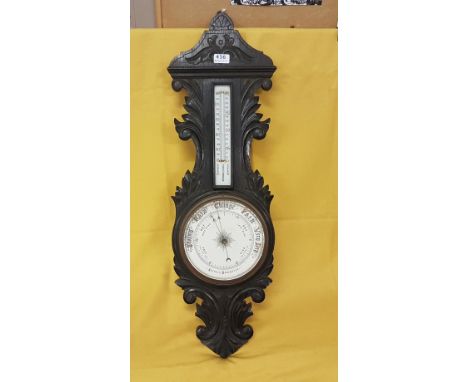  Victorian carved oak cased aneroid barometer / thermometer 