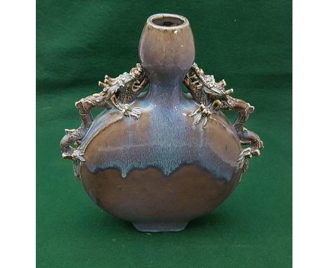 Japanese Moon Flask, glazed blue and brown, with relief 3-claw dragon handles (two small chips to handles), 27cm h 