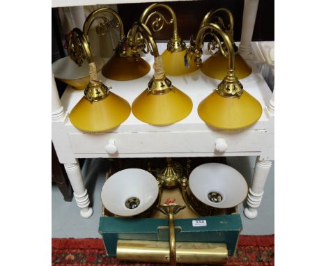 Brass 5 light electric chandelier and 3 matching two-branch wall lights, all with amber colour milk glass shades and a pictur