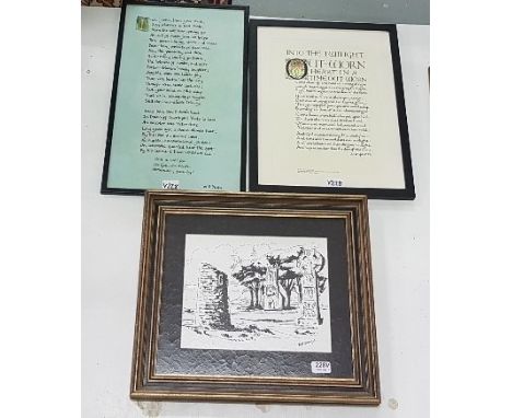  3 x Yeats themed framed pictures – one ink Etching of Sligo, signed B McDonagh, 33 x 39cm in gilt/black frame and 2 x black 