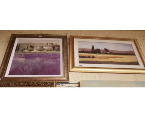  3 Landscapes - Eastern Mosque by A Fletcher (oleograph), Print “Fields of Gold” by J Weins, oleograph of lavender fields &am