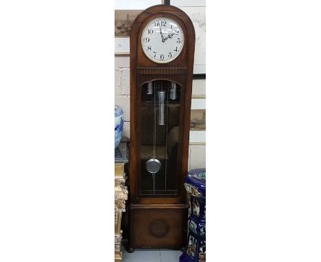  1920's Oak longcase clock, the circular silvered dial with Arabic numerals, 3 train weight driven movement striking on gongs