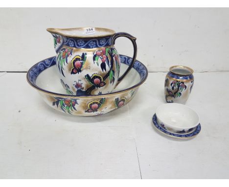 Losol ware Jug &amp; Basin with Soap Dish and Toothbrush Holder decorated with butterflies and stylised flowering trees (4)
