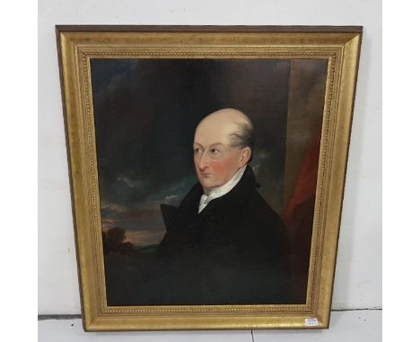  19th C Oil on Canvas, Portrait of a gentleman wearing a white cravat and black frock coat in an extensive country landscape,